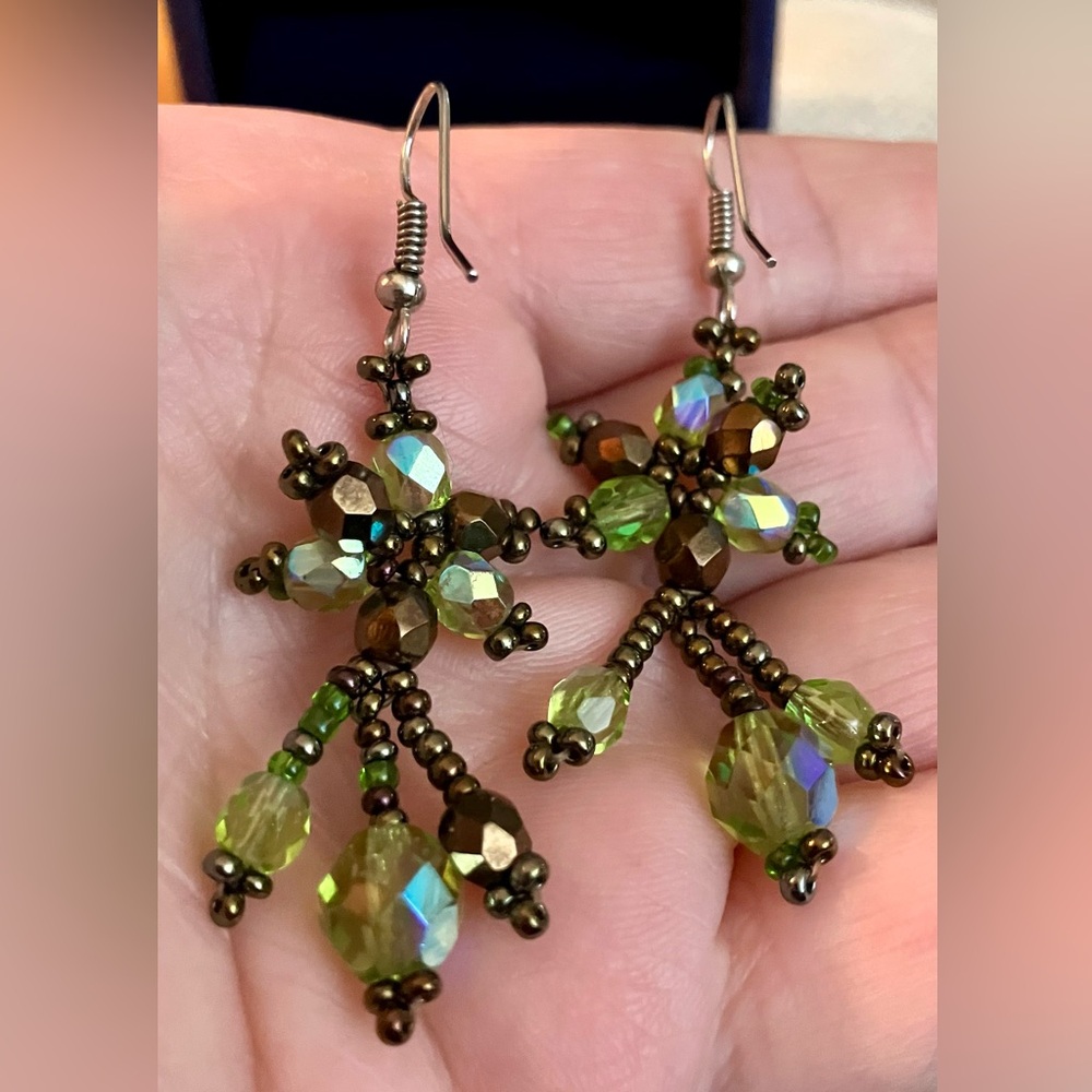 Vintage Dazzling Green Crystal, Bronze Crystal and beads Drop Earrings